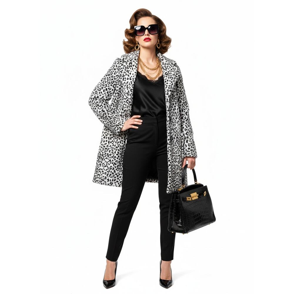 Karen Kane Leopard Faux Fur Coat Petite S Emerald Green Lining Mob Wife Mod